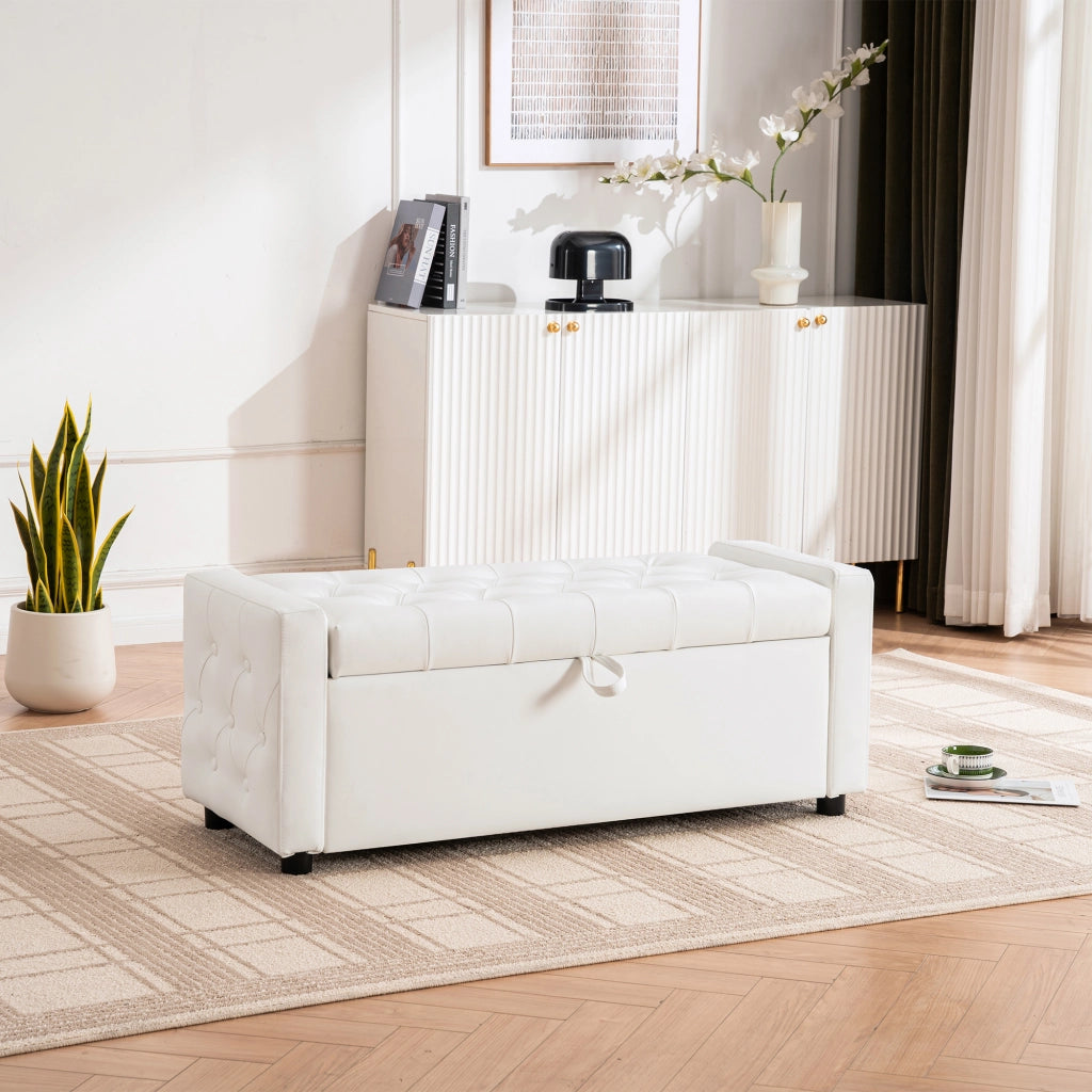 PANCA Contenitore Imbottita 100,5x46x29 cm Bianco Legno e Tessuto
