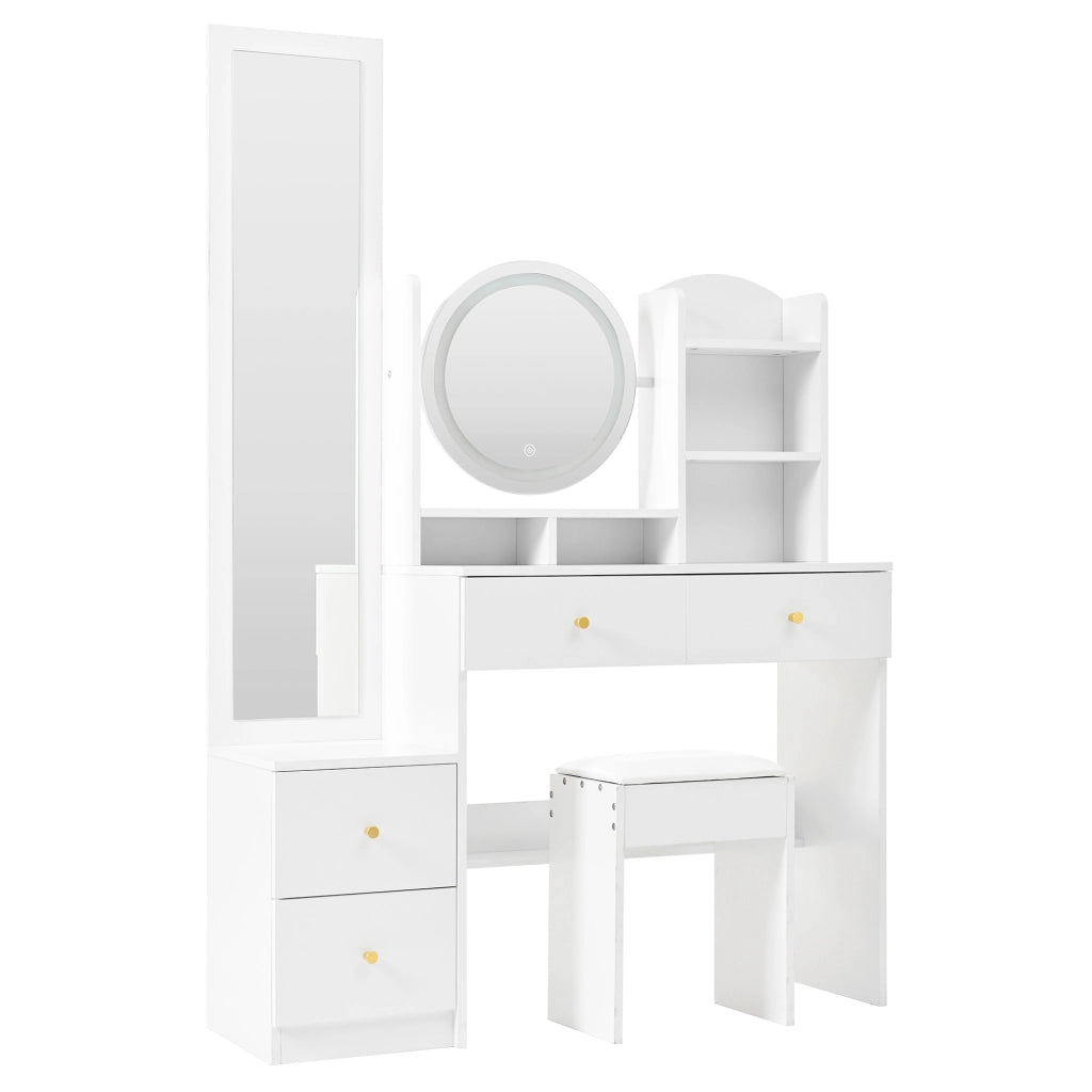 Toeletta 4 in 1 con specchio LED e specchio girevole, sgabello, 109x36x164 cm, bianca