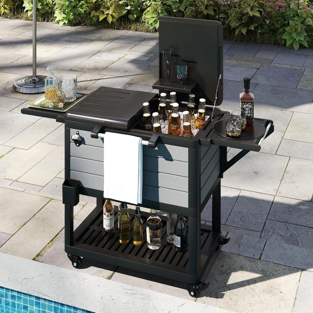 Cassettiera per rotelle, 91 l, bar, per esterni, mobile, 83 x 50 x 85 cm, con separatore rimovibile, 2 ripiani laterali pieghevoli, 4 ruote universali, per giardino, terrazza, piscina