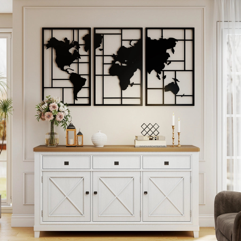 Mappa Mondo in 3 Pezzi per Parete ¨C zephmum ¨C Nero 60x40 cm
