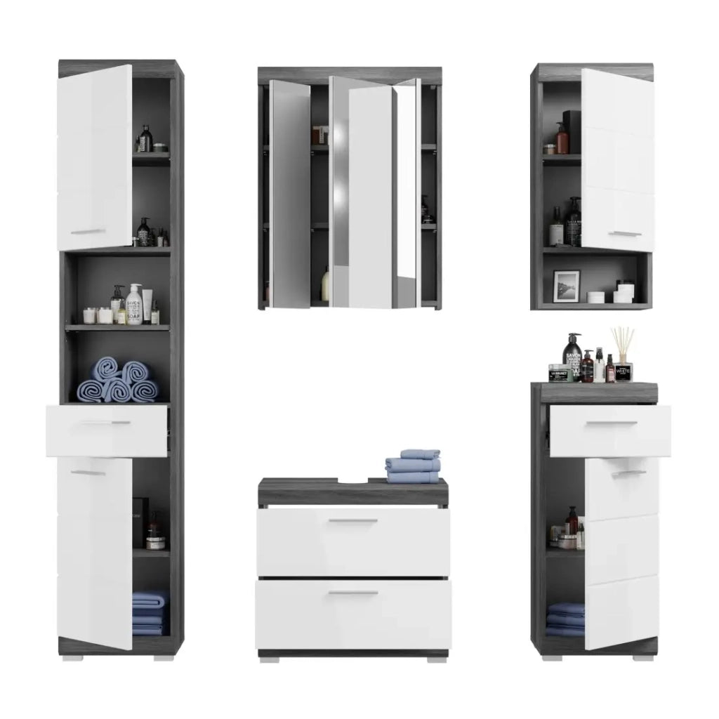 Set bagno SCOTT - Mobile sotto lavabo, colonna, 2 mezze colonne e specchio