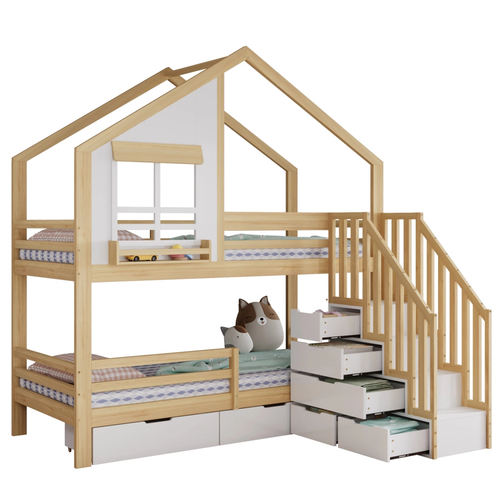 Letto a Castello 90x200 cm - 2 Cassetti; Scala Contenitore e Finestre - Bianco e Naturale