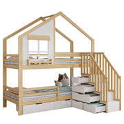 Letto a Castello 90x200 cm - 2 Cassetti; Scala Contenitore e Finestre - Bianco e Naturale