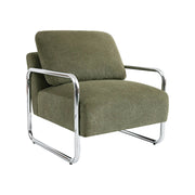 Poltrona vintage in tessuto chenille con struttura cromata, verde kaki