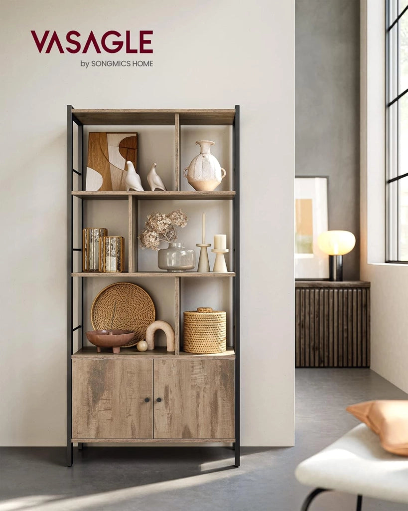 VASAGLE LBC022B50 - Libreria grande con ante, 4 ripiani, struttura in acciaio, stile industriale, per soggiorno, ufficio, colore rovere tostato e nero