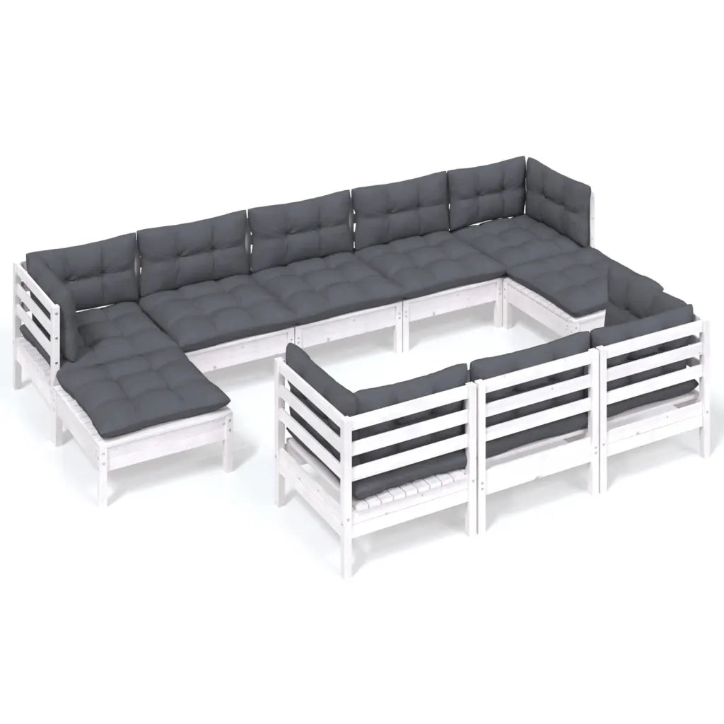Set Divani da Giardino 10 pz con Cuscini Bianchi Legno di Pino 3097140