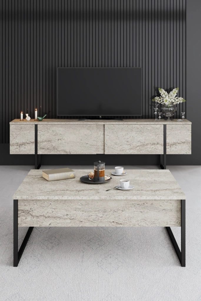 Porta TV in legno "Luxe" - 180 x 30 x 50 cm - TravertinoNero