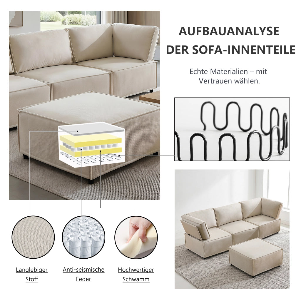 Divano modulare in legno con funzione letto e struttura flessibile in tessuto beige per soggiorno 238 × 154 × 75 cm
