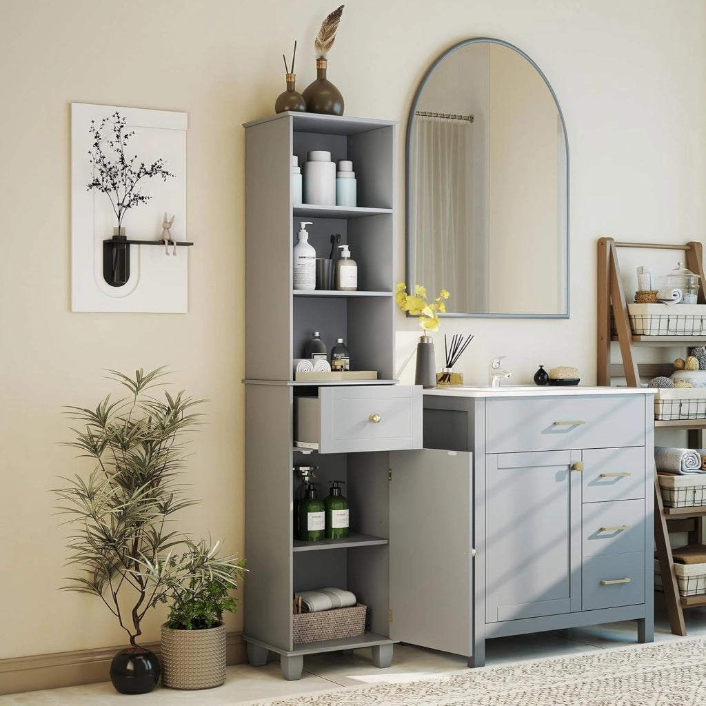 Mobile Bagno Alto 172 cm, Mobiletto Stretto da Pavimento con 3 Ripiani Aperti, 1 Cassetto, 1 Anta e Ripiano Regolabile, Armadietto Salvaspazio Indipendente per Cucina e Soggiorno (Grigio)