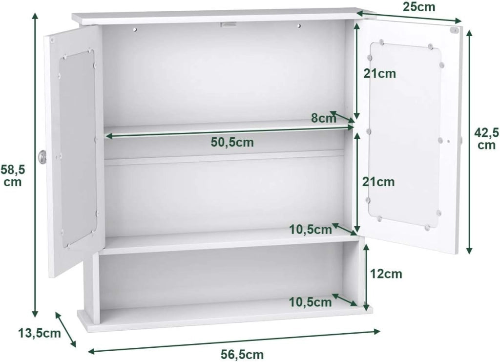 Armadietto da Bagno con Specchio, Armadietto da Parete con Ripiano Regolabile, Mobile da Parete per Bagno, 56 x 12,5 x 58 cm (Bianco)