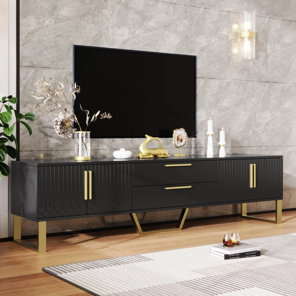 Mobile TV 4 ante e 2 cassetti con ripiani e passacavi per soggiorno in MDF nero e dorato 170 × 40 × 53,5 cm