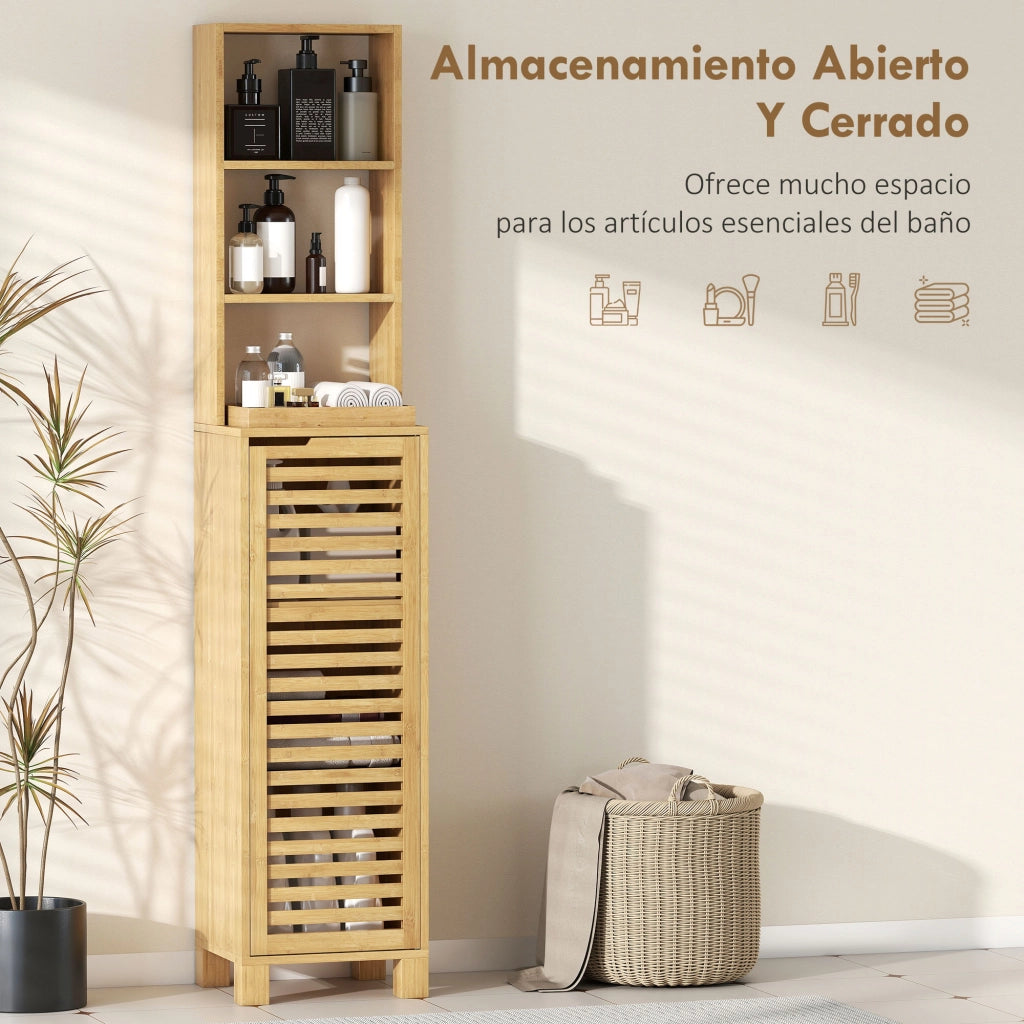 Armadietto Bagno Alto Stretto in Bamb¨´ con 3 Ripiani e Ante a Lamelle ¨C Zephmum ¨C 34x30x170 cm Naturale