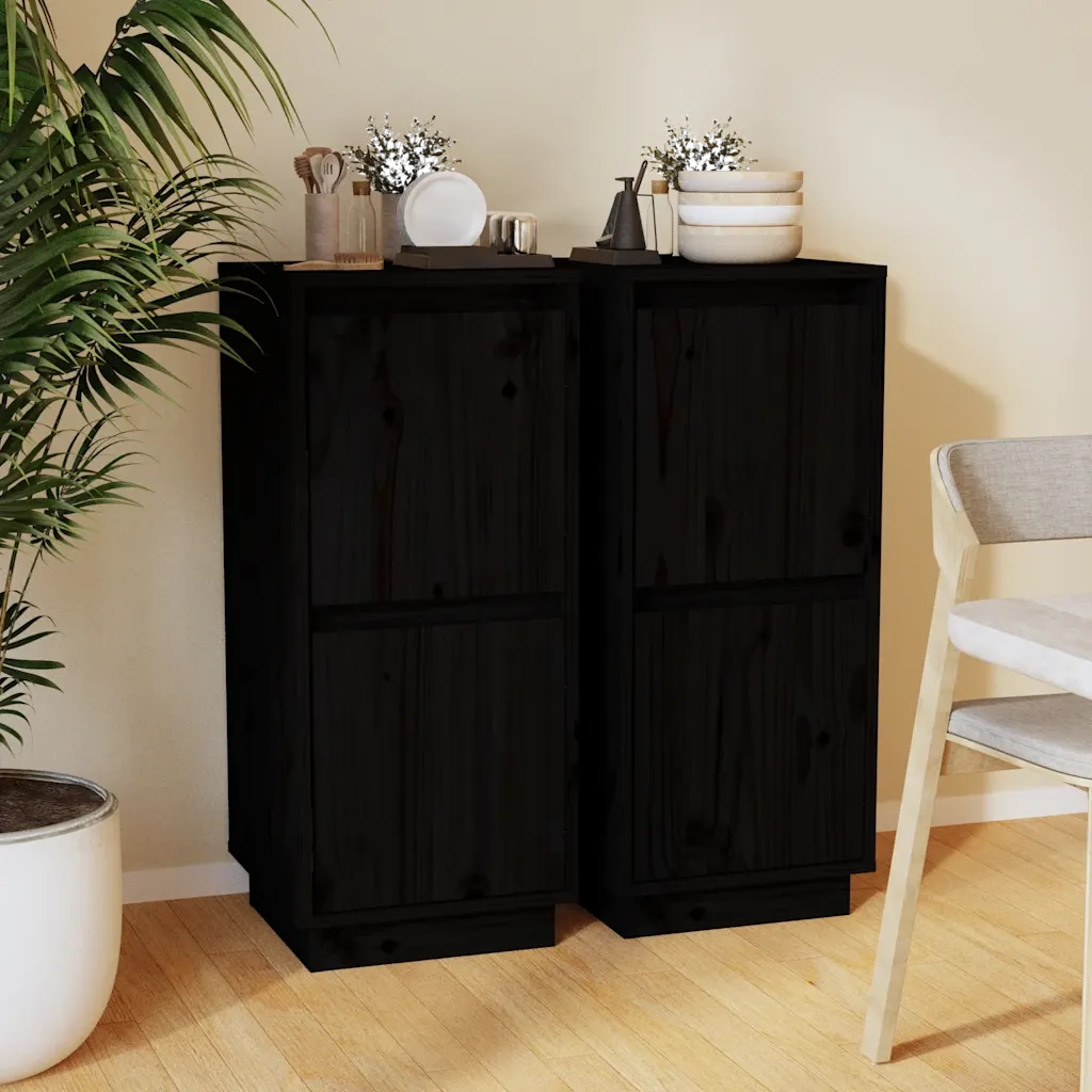 Credenze 2 pz | Madia | Buffet da pranzo | Armadio da pranzo Nero 31,5x34x75 cm in Legno Massello di Pino