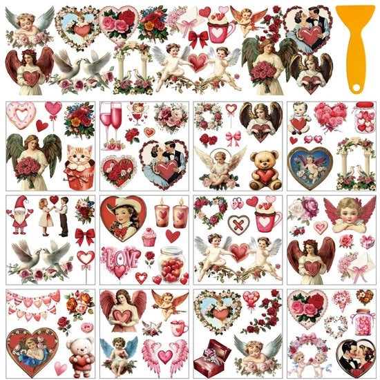 Decorazioni per finestre e vasi 12 fogli - Sticker per mobili - Decorazioni per San Valentino - Cuori/rose/Cupido - Sticker da sfregare - Sticker decorativi per finestre e vasi