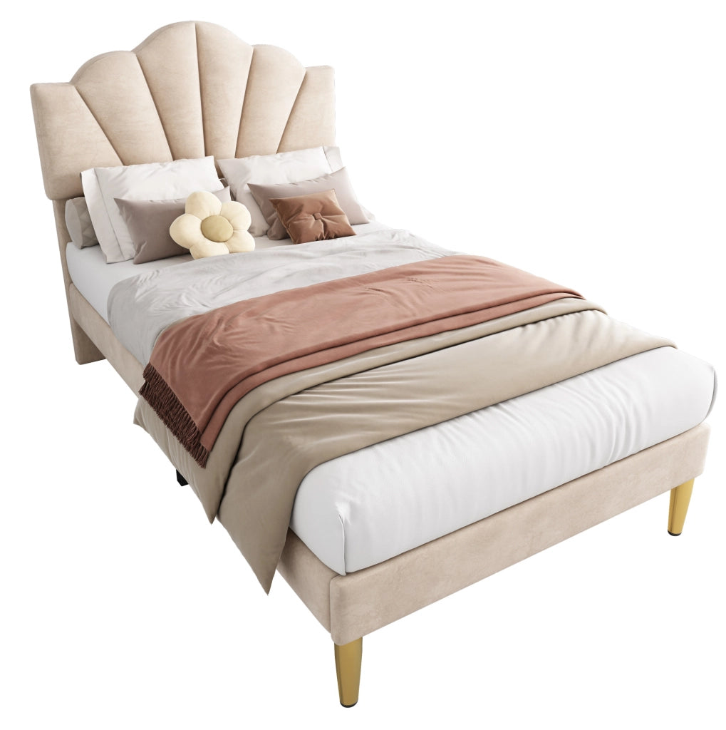 Letto imbottito 90x200 cm; testiera regolabile; velluto beige (Senza materasso)