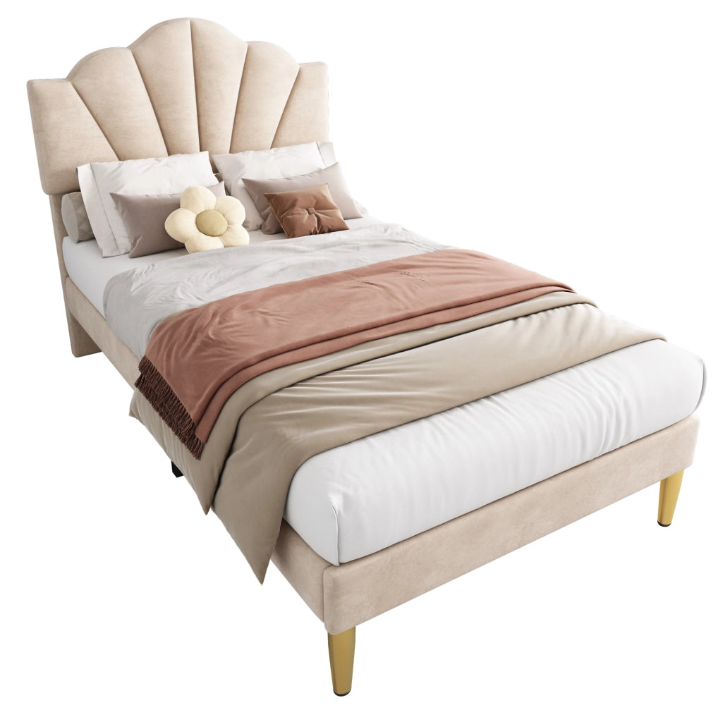 Letto imbottito 90x200 cm; testiera regolabile; velluto beige (Senza materasso)