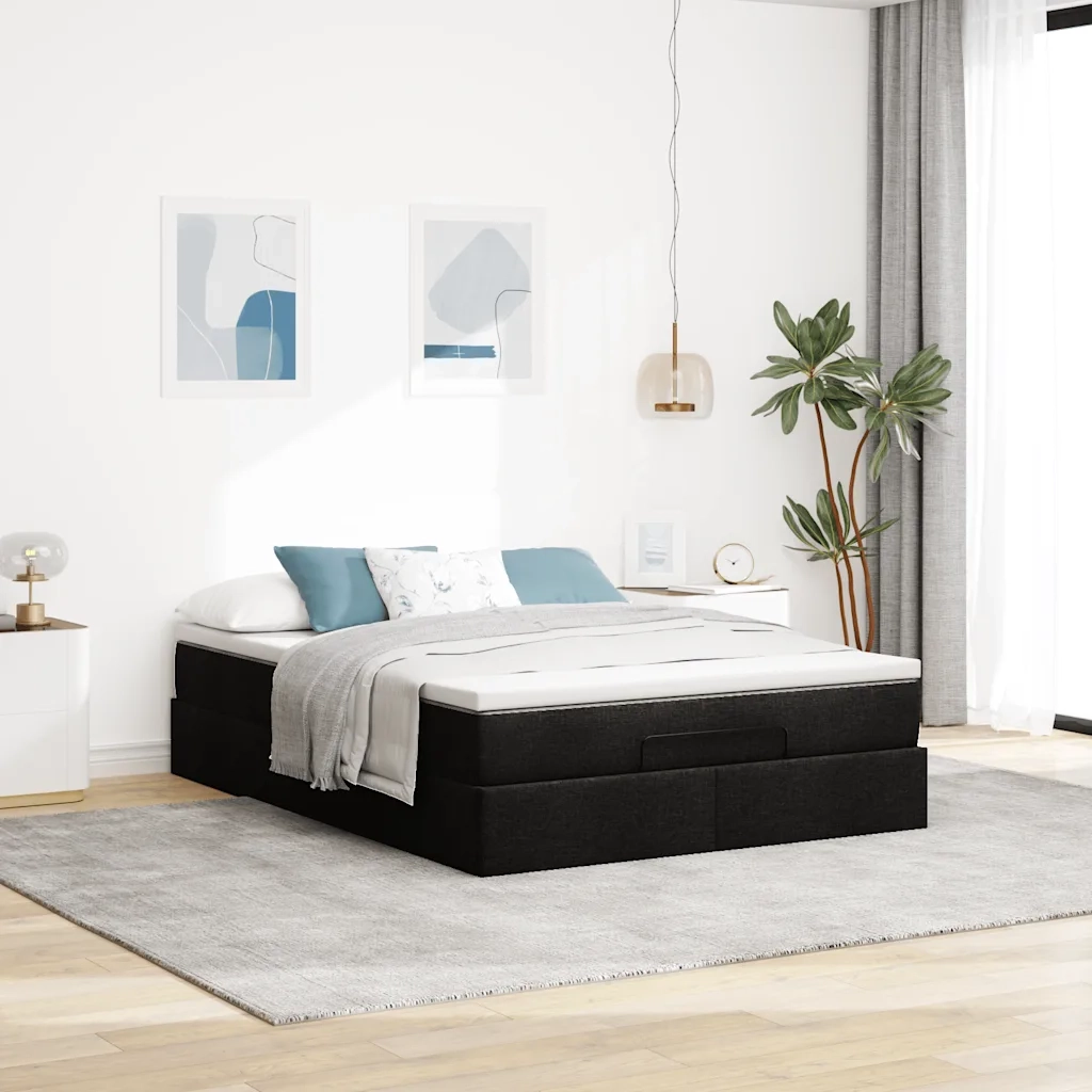 Struttura Letto Pouf con Materasso Nero 140x200 cm in Tessuto