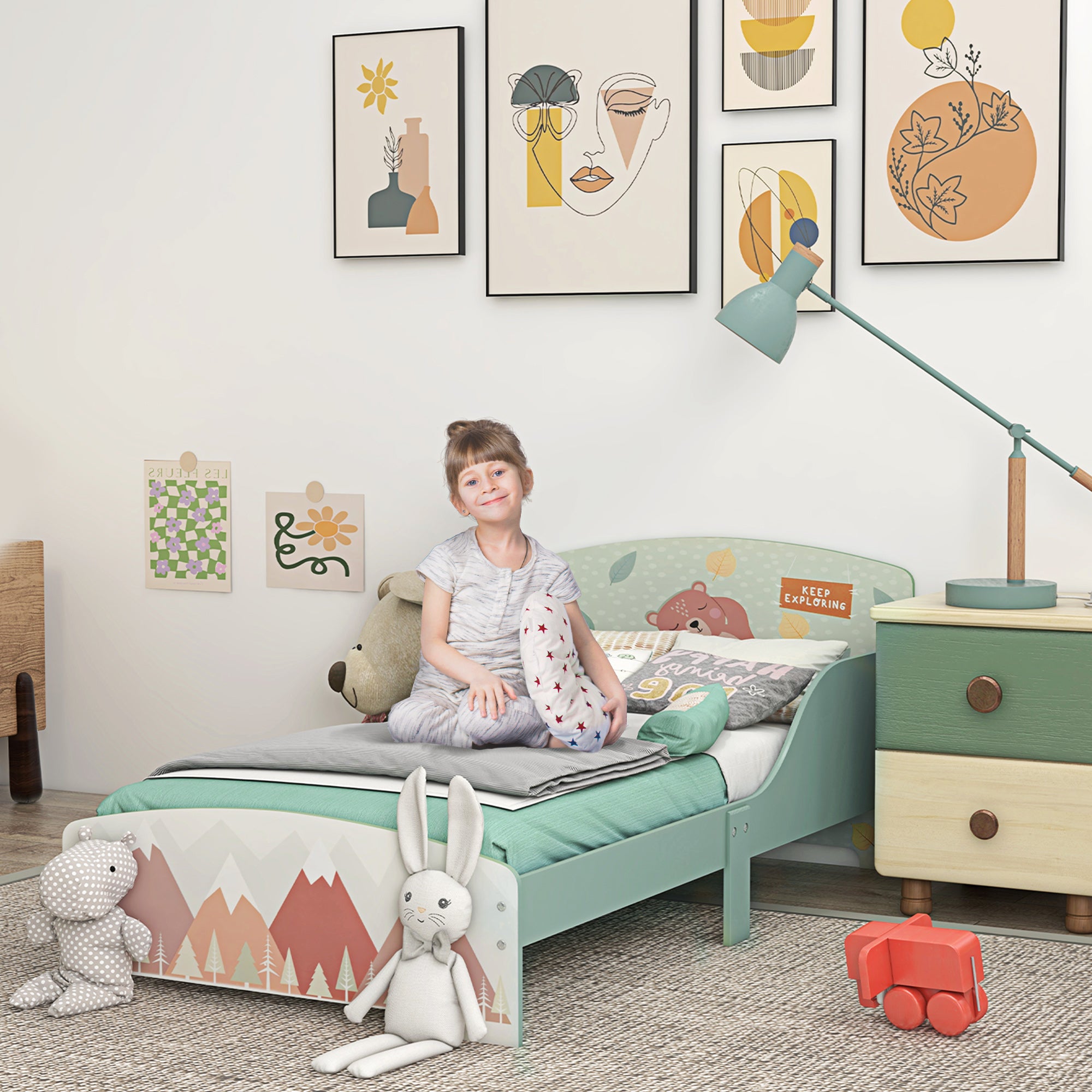 Struttura Letto Singolo per Bambini 77x143x60 cm con Bordi Rialzati e Doghe Verde