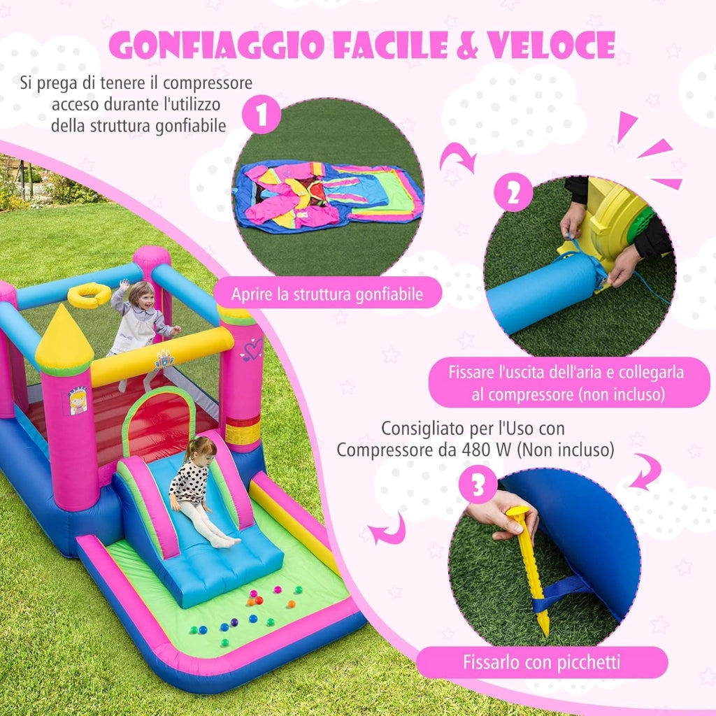4-in-1 Castello Gonfiabile per Bambini, Castello a Tema Principessa con Scivolo, Area Salto, Canestro da Basket e Vasca per Palline, Giochi Gonfiabile per 3-12 Anni (Senza Soffiatore)
