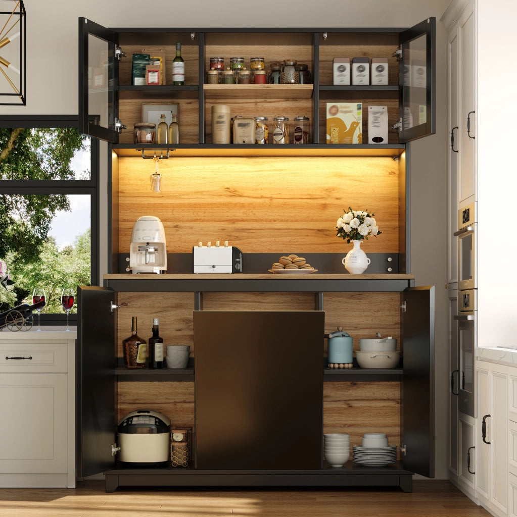 Mobile cucina 120x40x180 cm con vani multipli e illuminazione LED in MDF e metallo nero
