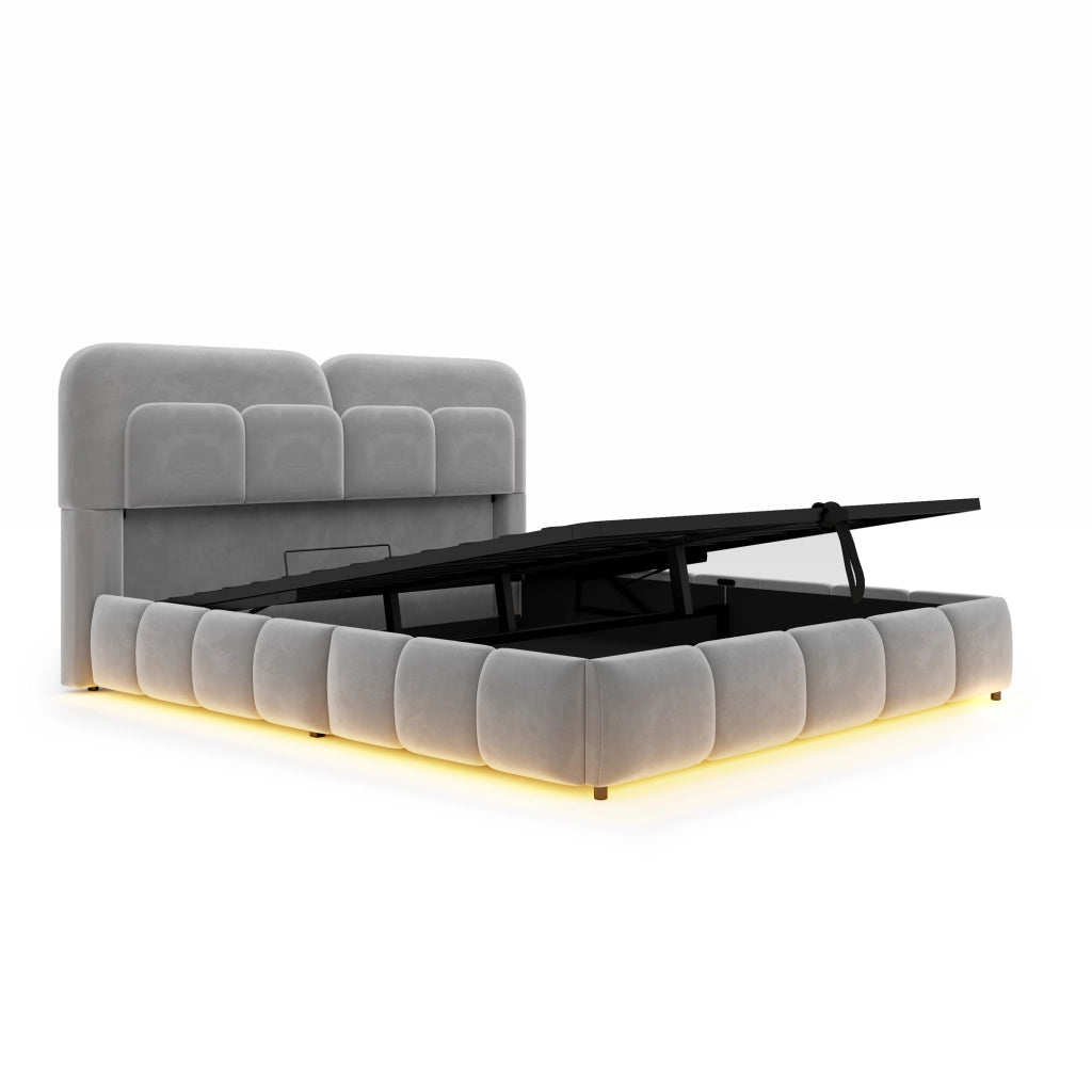 Letto matrimoniale 140 x 200 cm, testiera imbottita, con luci a LED, vano portaoggetti, rivestimento in velluto, grigio