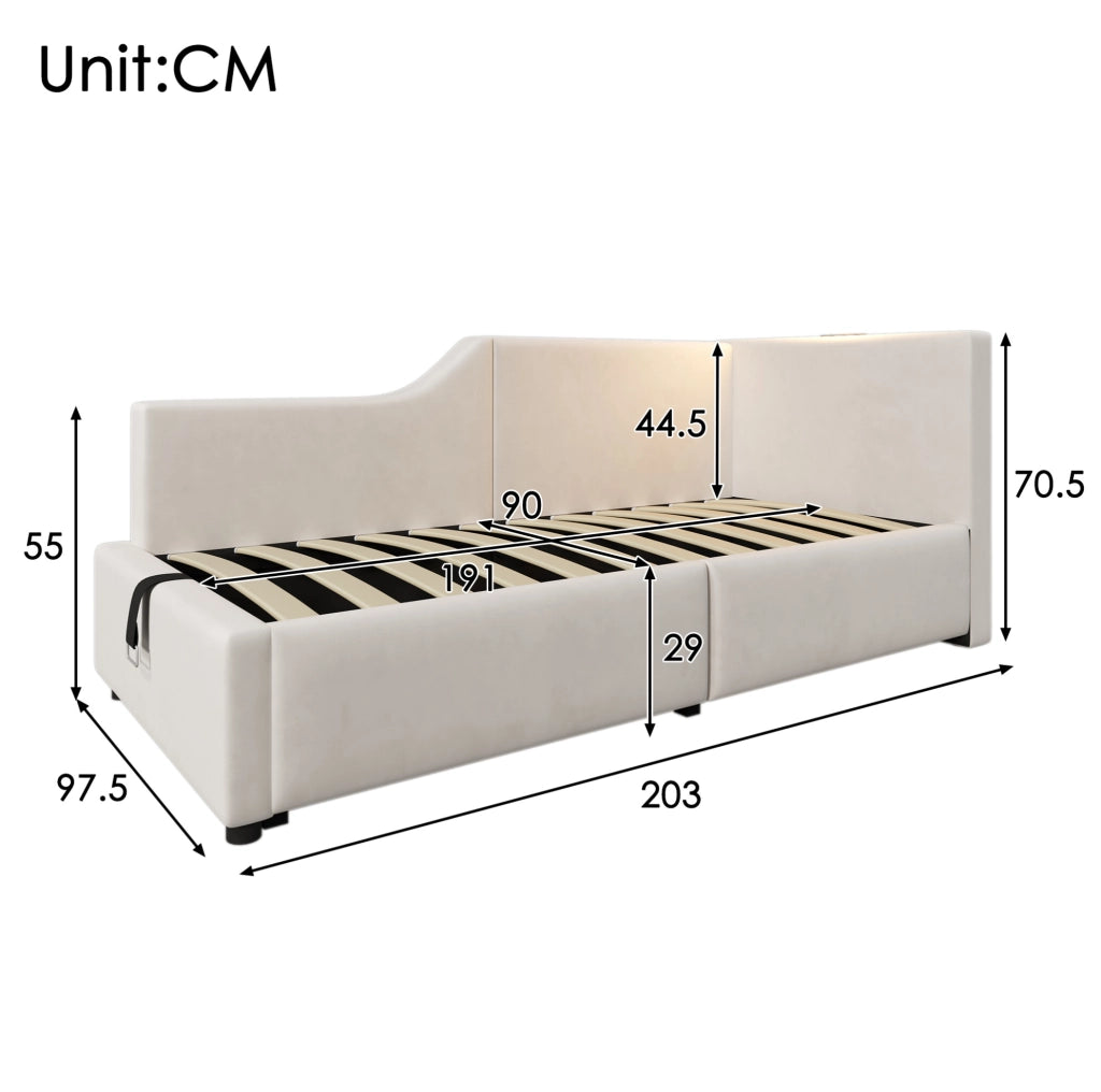 Letto daybed imbottito 90x190 cm in velluto beige con contenitore; lampada lettura e USB-C