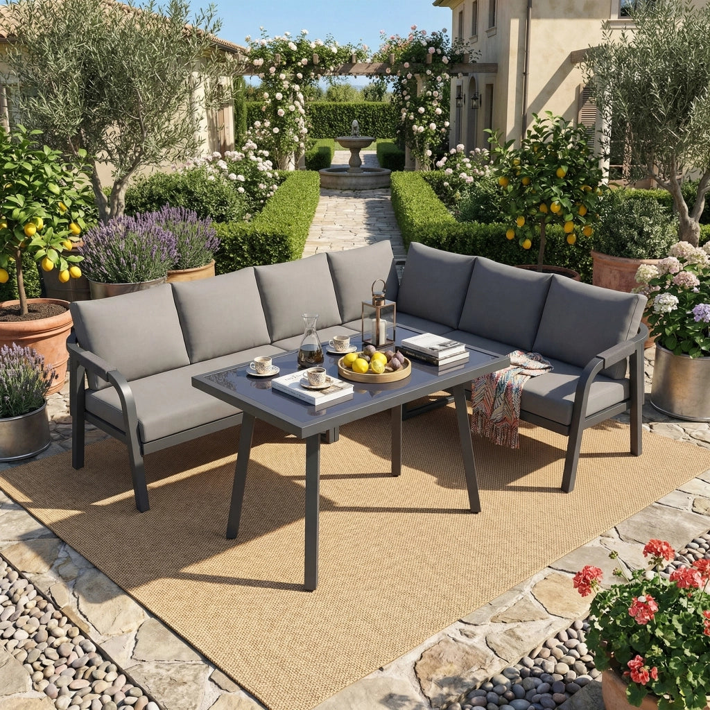 Set da Giardino con Divano ad Angolo e Tavolo, 6 Posti ¨C Xylo ¨C Polyrattan Grigio, Acciaio Zincato