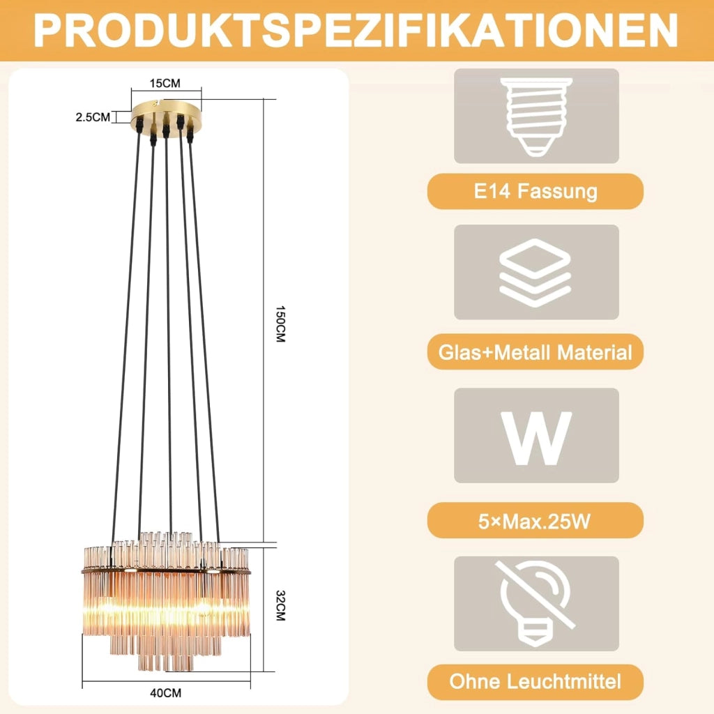Lampada a sospensione ZMH Vintage 5 Luci E27 in Vetro Dorato (senza Lampadine)