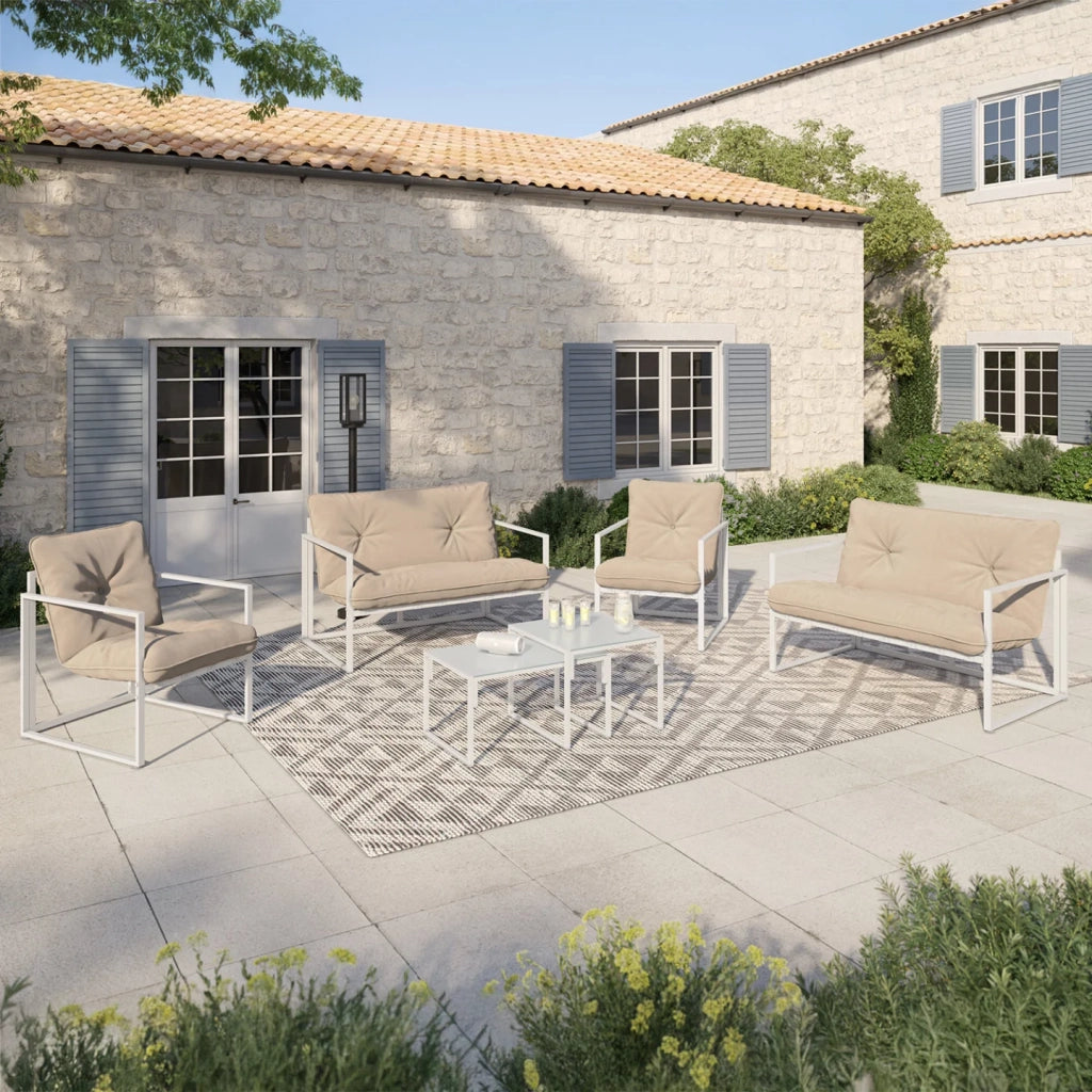 IDMarket - NAIROBI Set di mobili da giardino bassi a 6 posti in acciaio bianco con cuscini beige