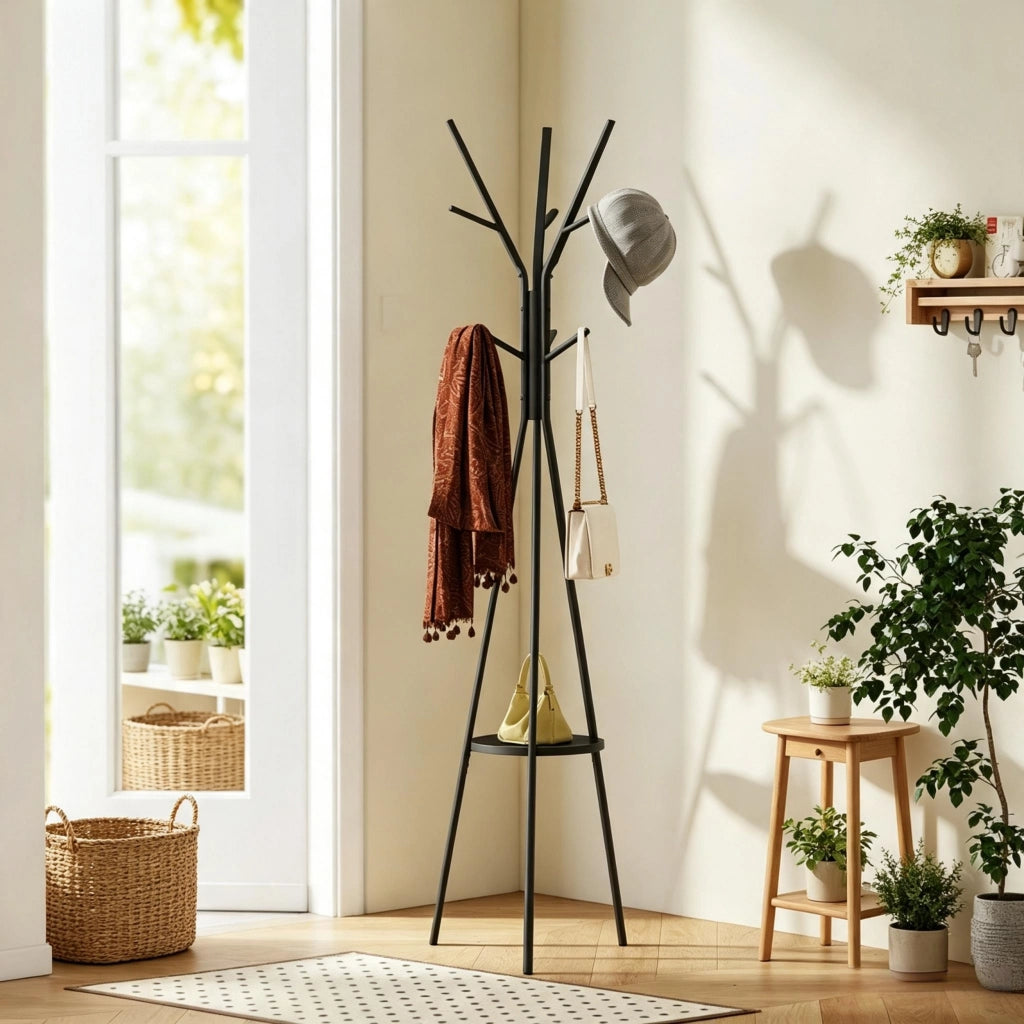 APPENDIABITI DA TERRA con 9 ganci e ripiano 45x45x180 cm nero metallo e MDF