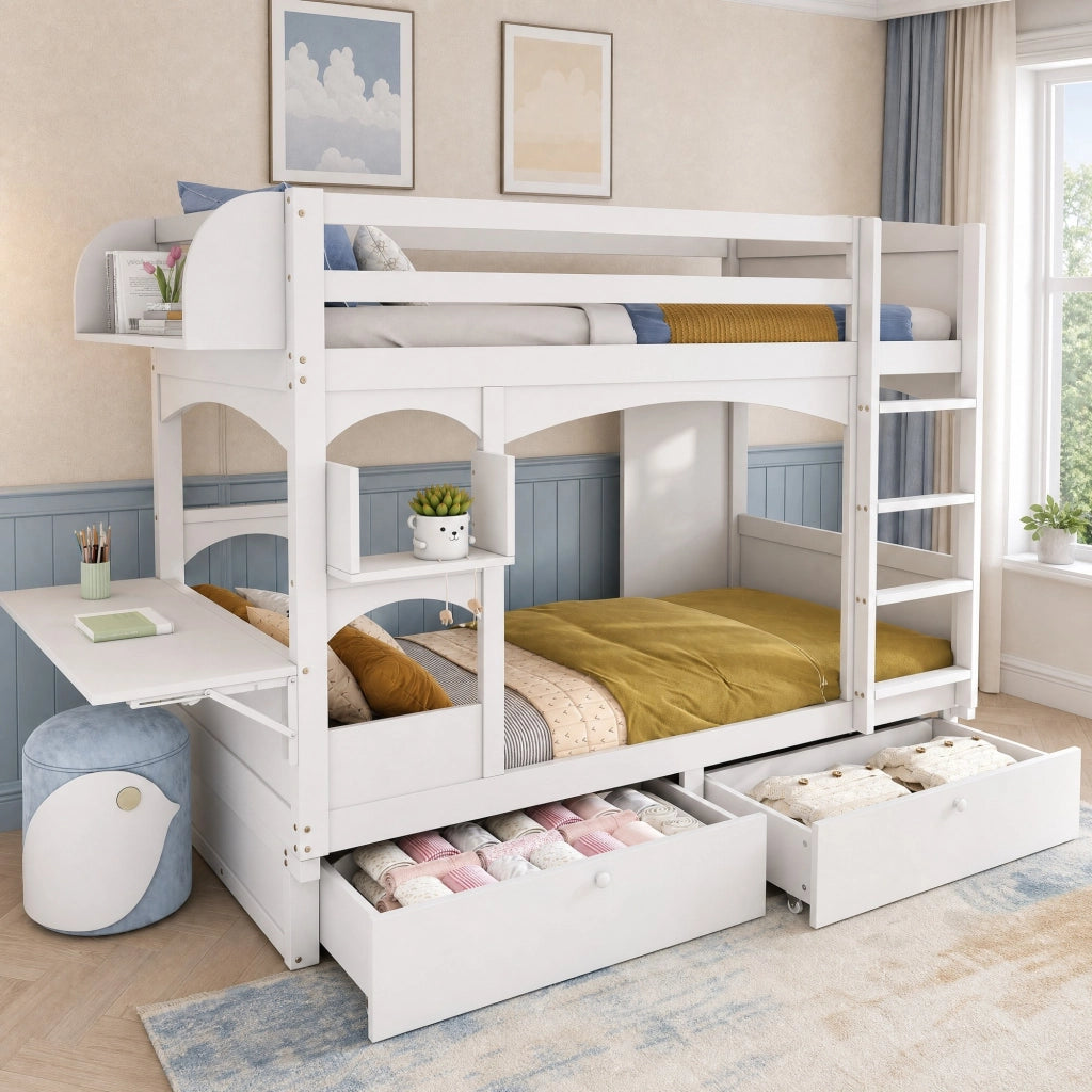 Letto a soppalco per bambini in legno massiccio con scrivania pieghevole, mensola, 2 cassetti e scala, bianco, 90x200 cm