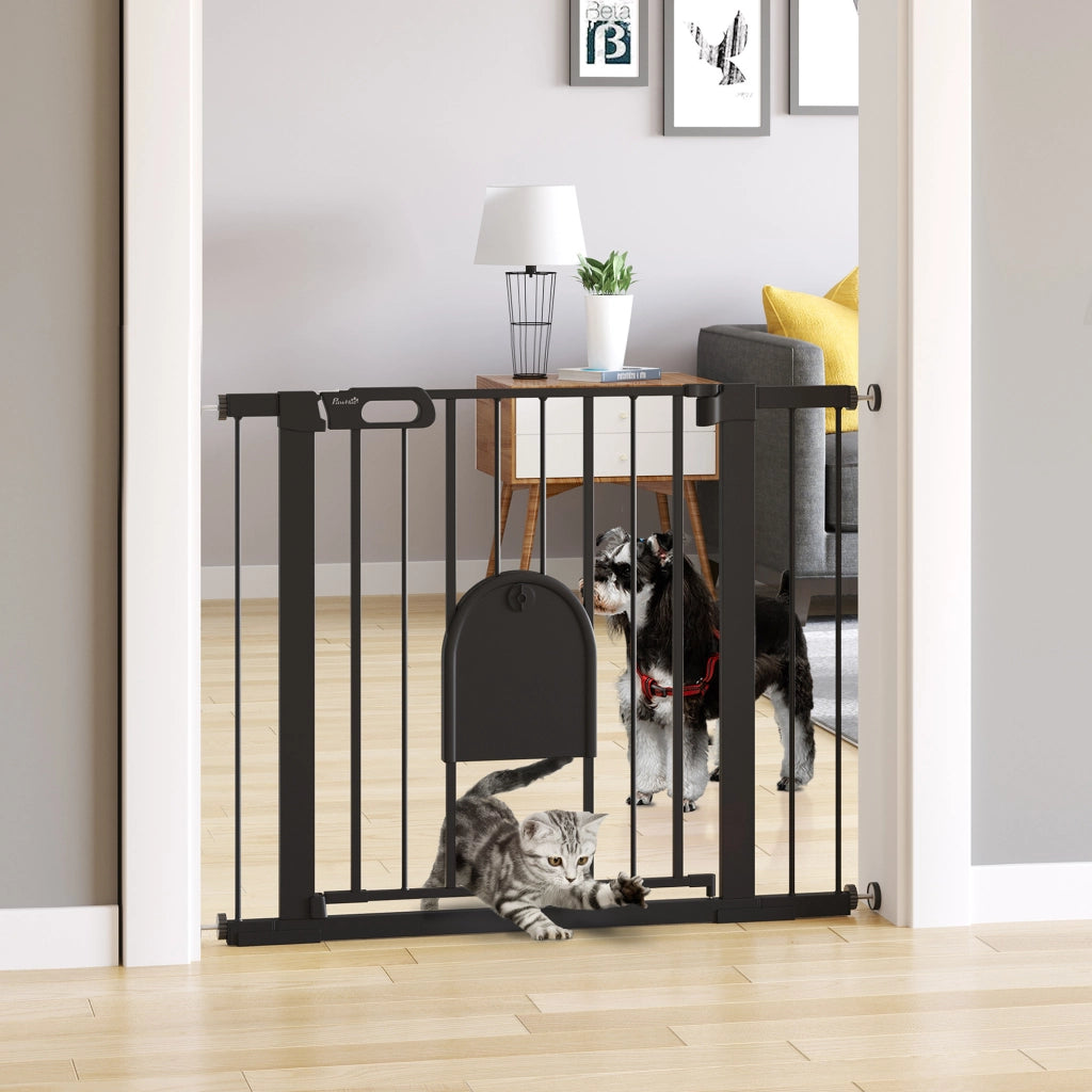 Cancellino per Cani Regolabile con Porta Piccola e Chiusura Automatica, 75-103x76cm, Nero
