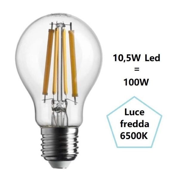 LAMPADINA GOCCIA A LED 10.5W LUCE FREDDA 6500K 1521 LUMEN E27 VETRO TRASPARE BOT