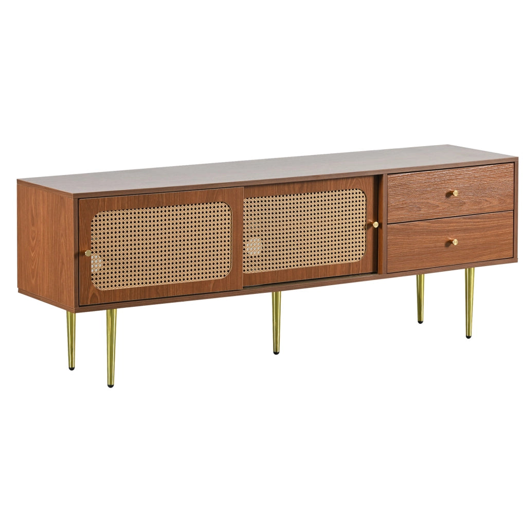 Mobile TV 160x40x60 cm con ante scorrevoli e 2 cassetti in MDF e rattan sintetico noce e caffè