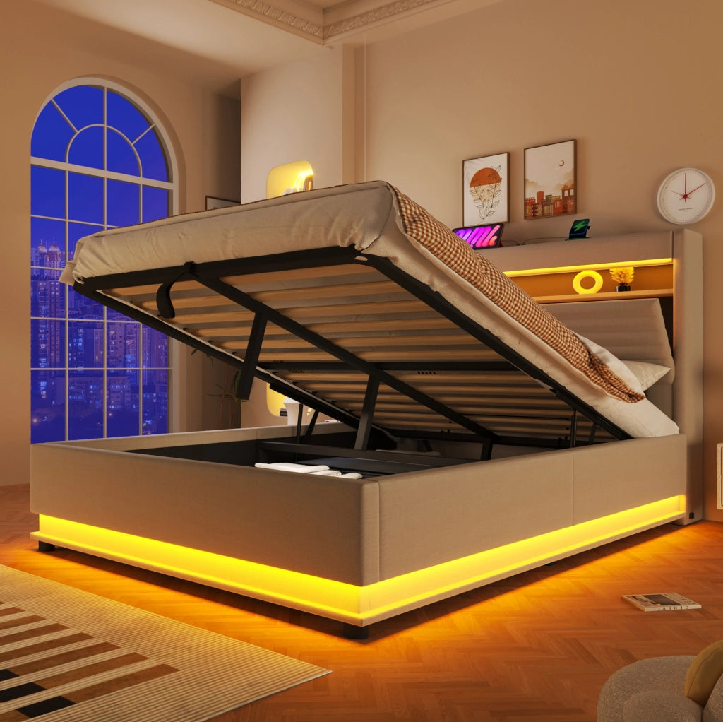 LETTO Contenitore 140x200 cm in lino Beige con LED e USB-C