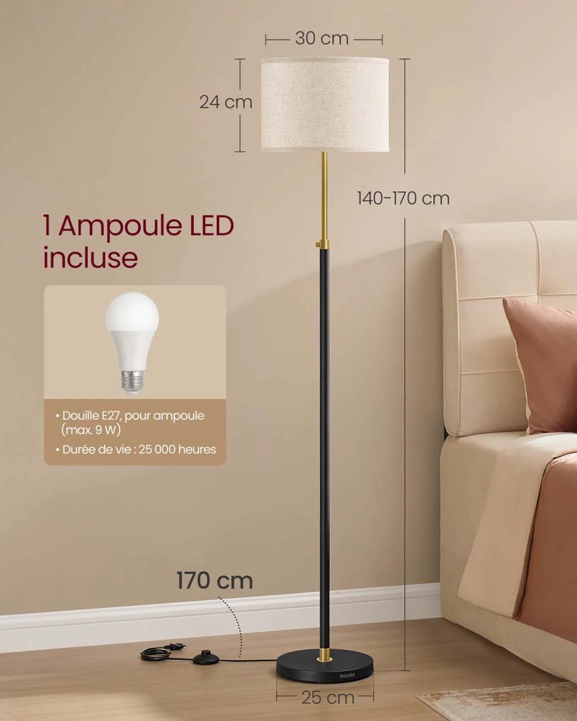 Lampada da terra altezza regolabile da 140 a 170 cm stile moderno interruttore a pedale paralume in tessuto attacco E27 oro e nero 12_0006123