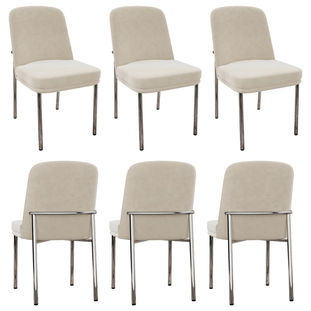 Sedie da pranzo set 6 pezzi con seduta imbottita e struttura in metallo cromato, stile moderno, in velluto beige