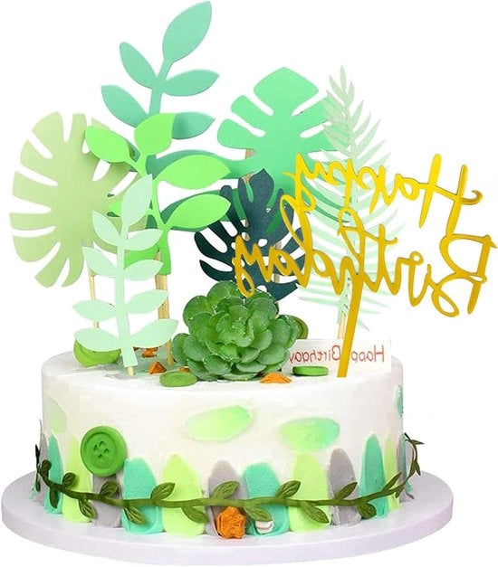 Taarttoppers con 15 foglie, decorazione di compleanno, foglie di palma, compleanni dei bambini, tema festa hawaiana.
