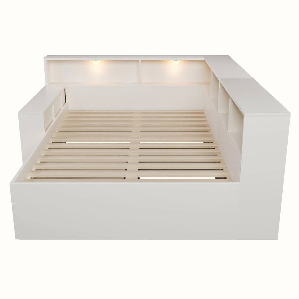 Letto matrimoniale 140x190 cm con cassetti; prese USB e luce; bianco