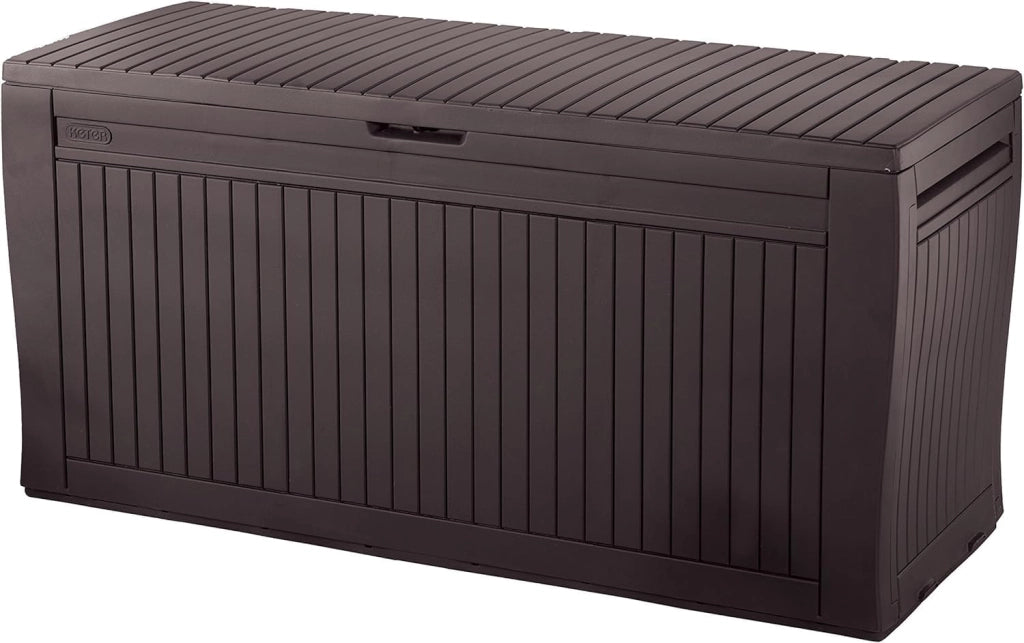 Cassapanca da Esterno Comfy 270 Litri in Resina Effetto Legno con Ruote e Seduta Portata 220 kg Colore Marrone Keter