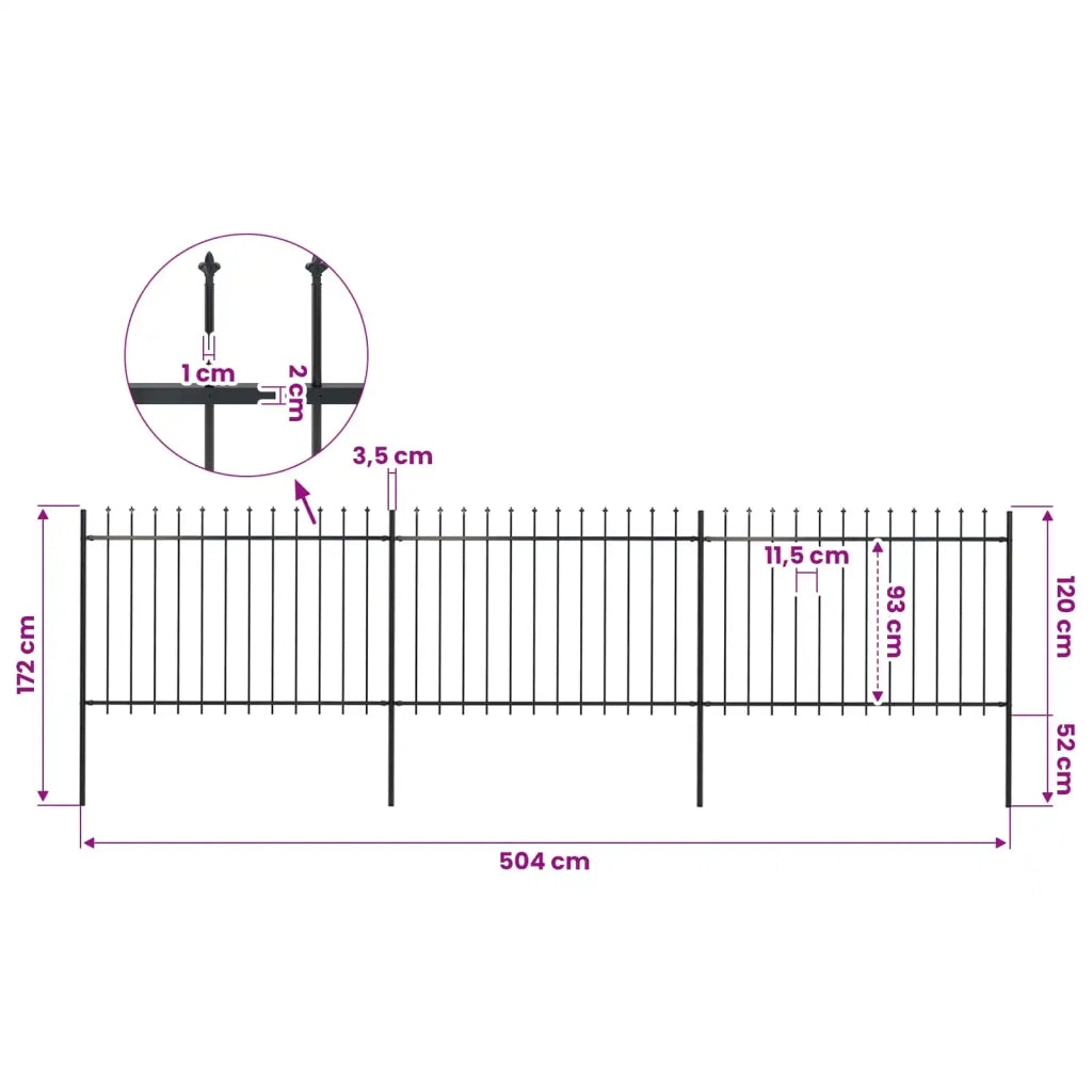 Recinzione da Giardino con Punta a Lancia in Acciaio 504x120 cm Nero 277622