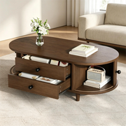 Tavolino da salotto in MDF colore noce con ante avvolgibili, 2 cassetti e gambe in legno massello 100x50x36 cm