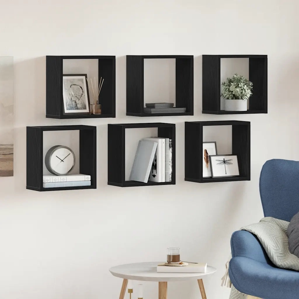 6 pz Mensole Parete | Mensola sospesa a Cubo Rovere Nero 30x15x30 cm Truciolato