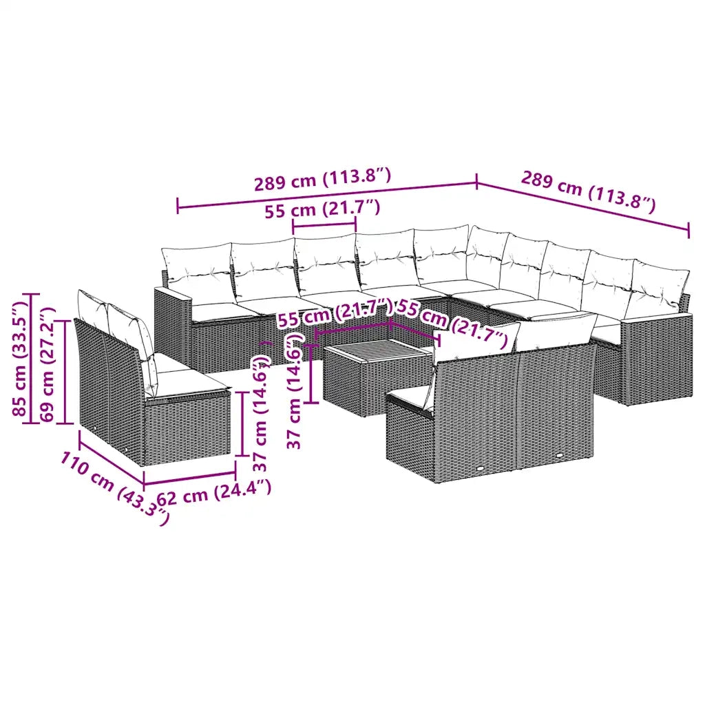 Set Divani da Giardino 14pz con Cuscini in Polyrattan Nero 3258892