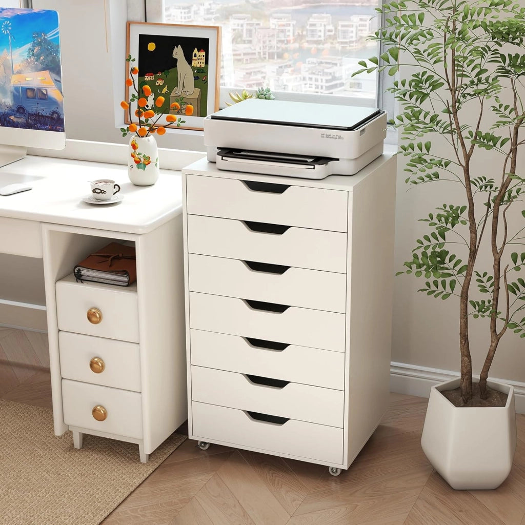 Cassettiera da Ufficio con 7 Cassetti, Mobiletto per Documenti con 4 Ruote Girevoli, Cassettiera da Scrivania in Legno per Ufficio e Soggiorno, 49 x 40 x 87 cm (Bianco Noce)