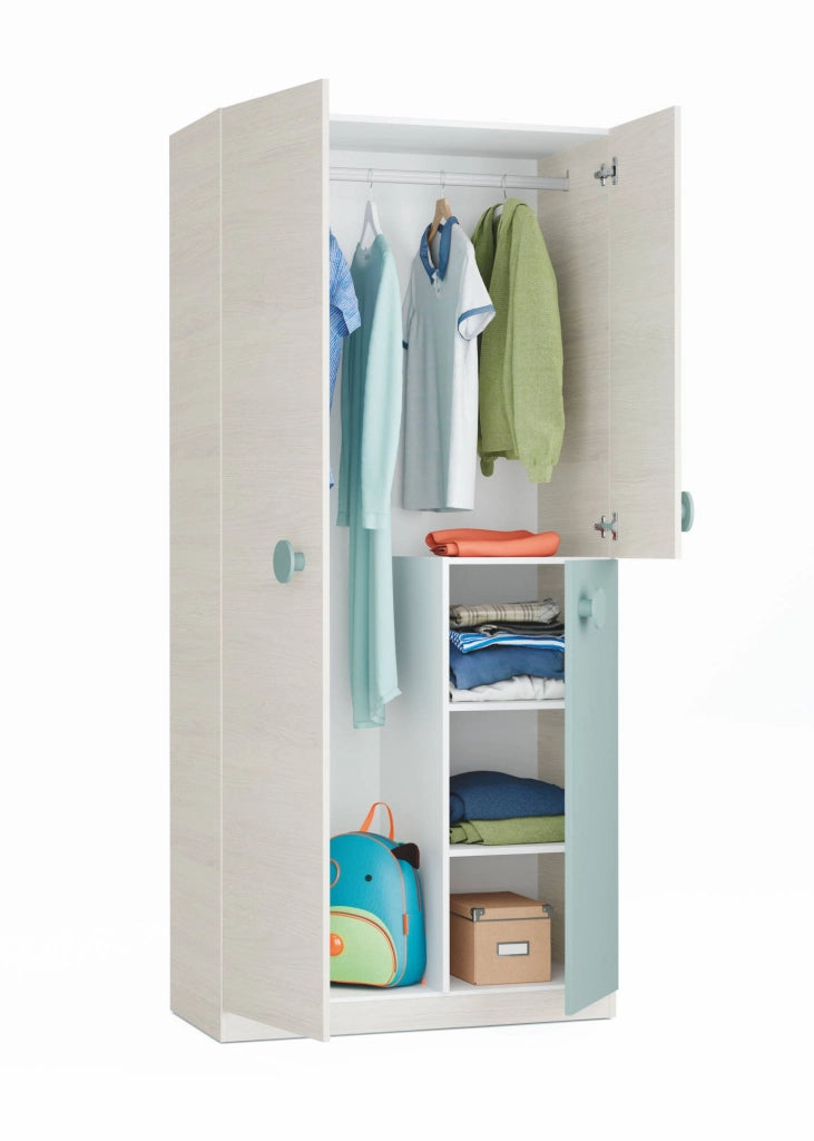 Guardaroba Aronia, Armadio per cameretta, Mobile a 3 ante e 3 ripiani con barra appendiabiti, cm 90x52h200, Bianco e Verde acqua