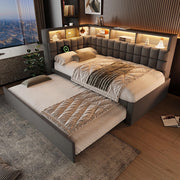 Letto imbottito-Xylo-90x200cm+90x190 LED Bluetooth USB-C testiera L lino grigio senza materasso