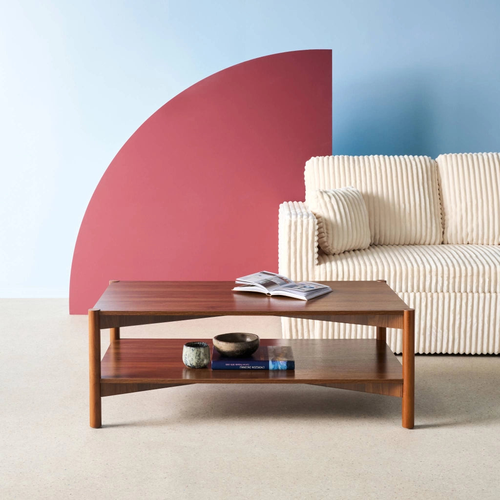 Tavolino rettangolare decorazione legno doppio ripiano, noce