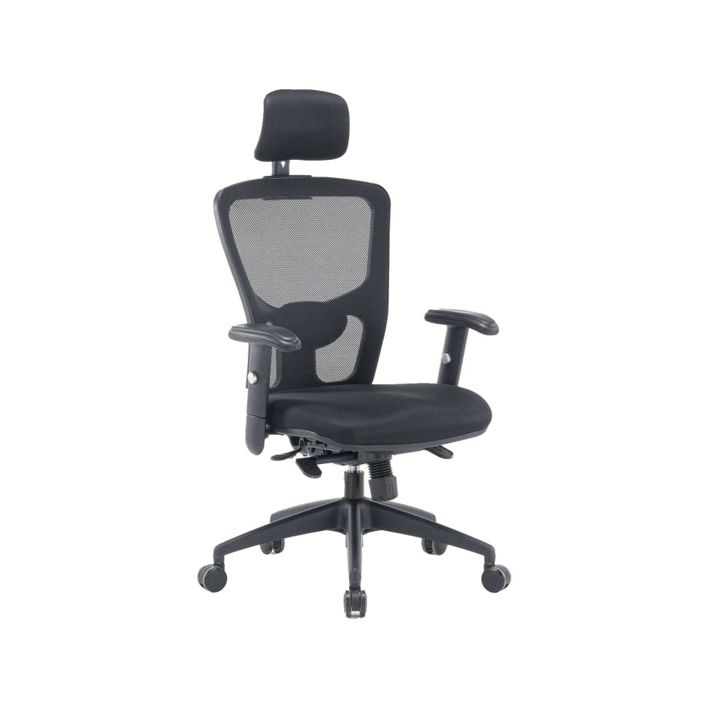 Sedia da ufficio Asterio, Poltrona direzionale a rete con braccioli, Seduta ergonomica da ufficio, 68x66h120/130 cm, Nero