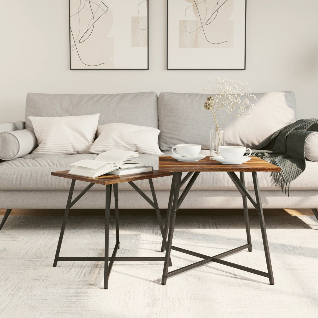 Tavolino 2 pz Rovere Affumicato in Legno Ingegnerizzato e Metallo